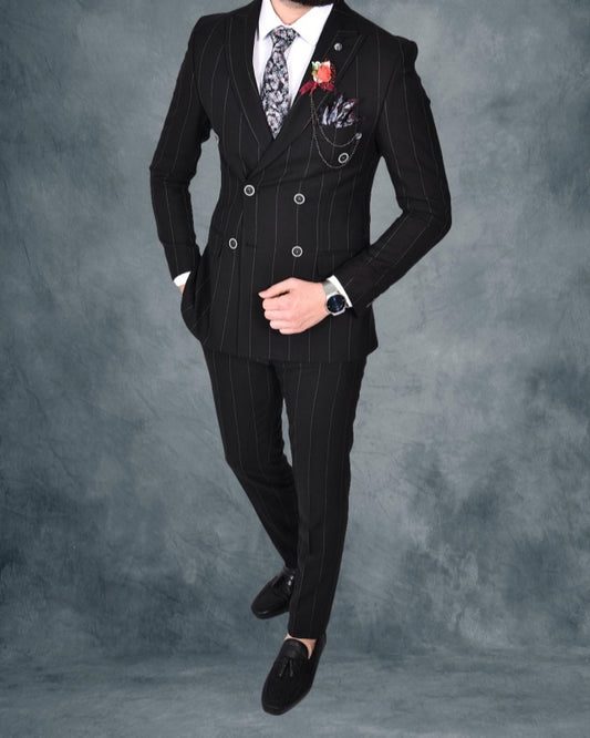 Jerry Black Peaked Lapel Double Breasted Striped Wedding Men Suits