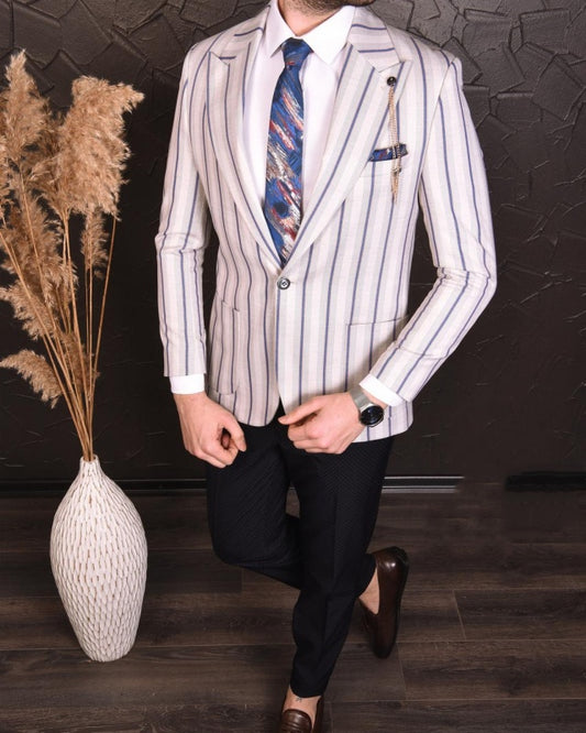 Jesse Off White Peaked Lapel Striped Business Men Suits