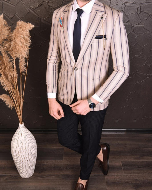 Nolan Khaki Peaked Lapel Striped Business Men Suits