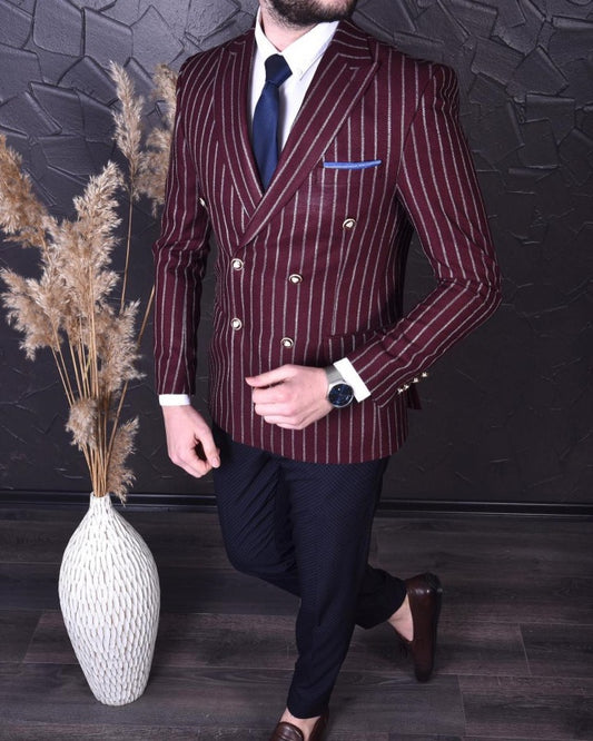 Reg Burgundy Peaked Lapel Double Breasted Striped Business Men Suits