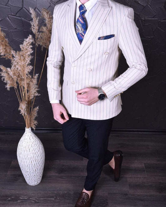 Sidney White Peaked Lapel Double Breasted Striped Business Men Suits