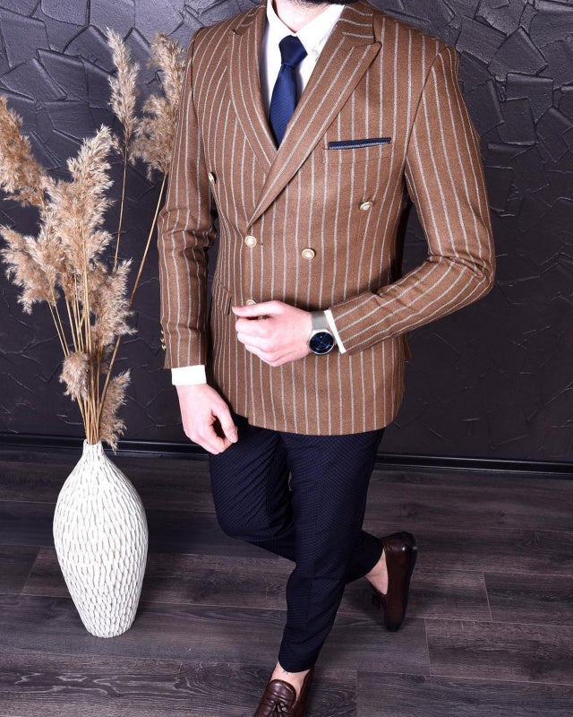 Tim Brown Peaked Lapel Double Breasted Striped Business Men Suits