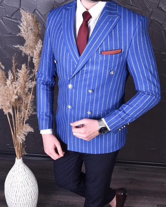 Alexander Blue Peaked Lapel Double Breasted Striped Business Men Suits