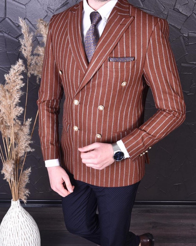 Bartholomew Rust Peaked Lapel Double Breasted Striped Business Men Suits