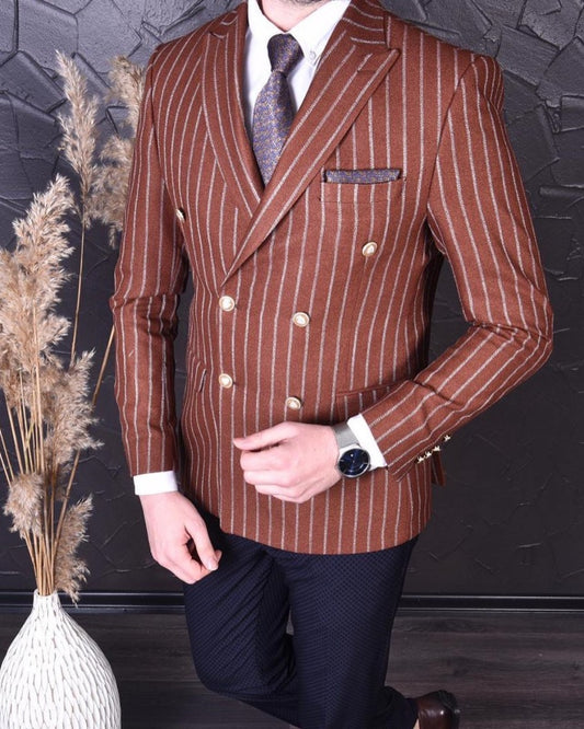 Bartholomew Rust Peaked Lapel Double Breasted Striped Business Men Suits