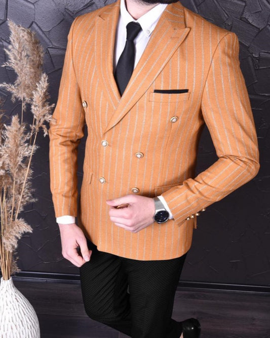 Gilbert Orange Peaked Lapel Double Breasted Striped Business Men Suits