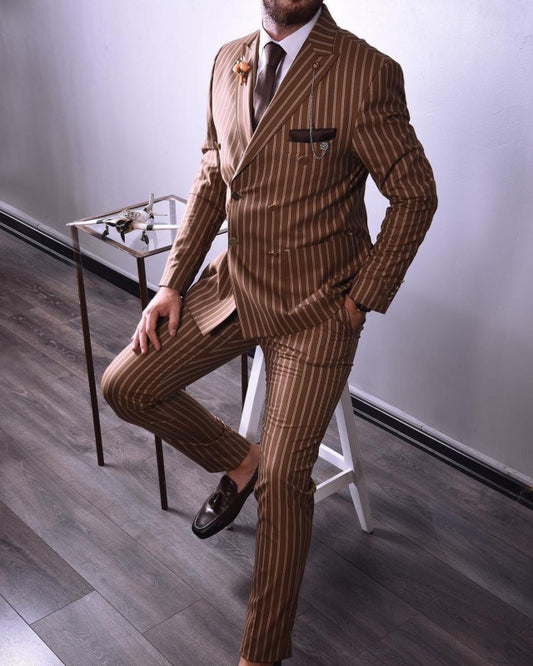 Walkern Brown Peaked Lapel Double Breasted Striped Wedding Men Suits