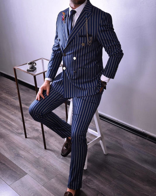 Logan Navy Blue Peaked Lapel Double Breasted Striped Business Men Suits