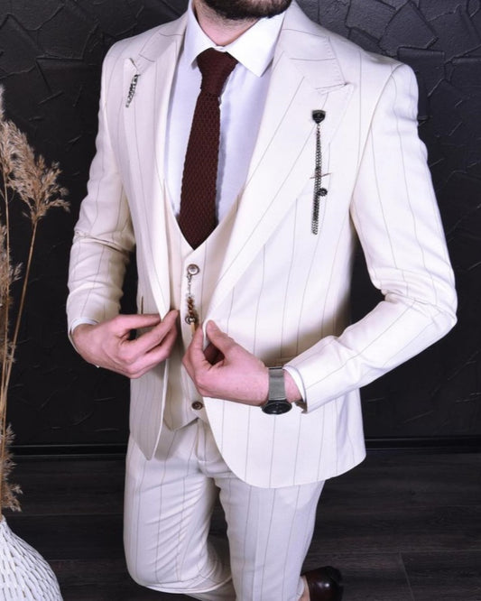 Elliot White Peaked Lapel Striped Three Pieces Wedding Men Suits