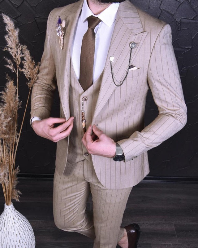 Donald Khaki Peaked Lapel Striped Three Pieces Wedding Men Suits