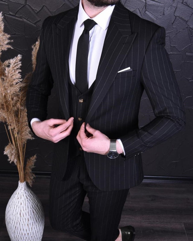 Giles Black Peaked Lapel Striped Three Pieces Wedding Men Suits