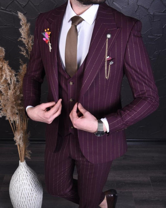 Jo Burgundy Peaked Lapel Striped Three Pieces Wedding Men Suits