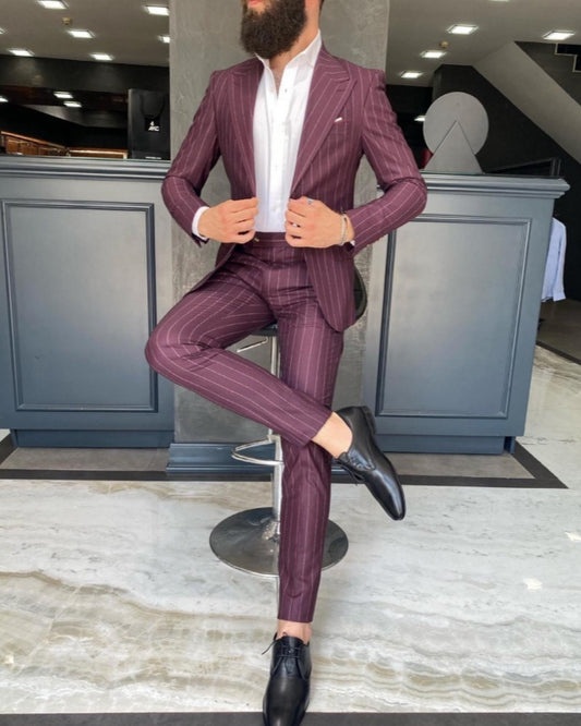 Lou Burgundy Peaked Lapel Striped Wedding Men Suits