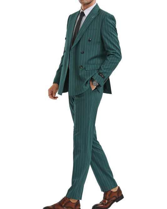 Felix Dark Green Peaked Lapel Striped Double Breasted Business Men Suits