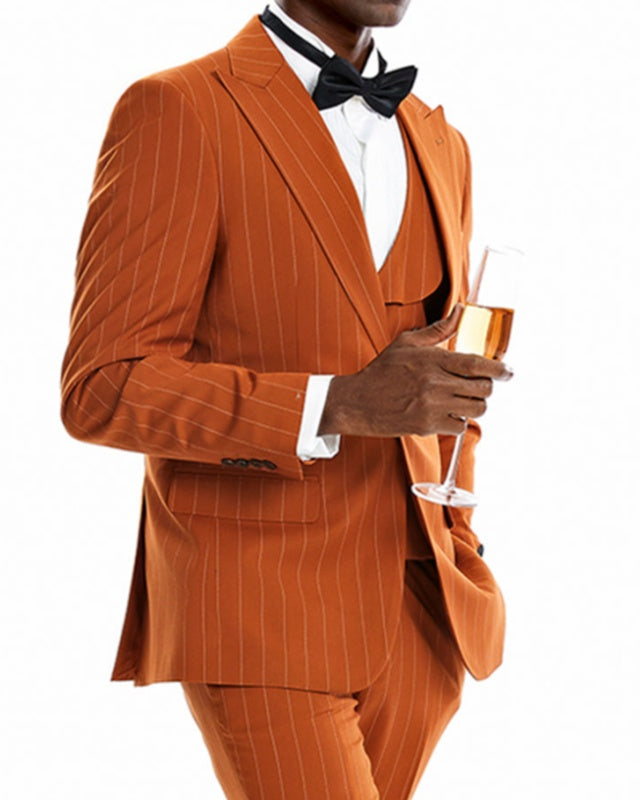 Icholas Orange Peaked Lapel Striped Three Pieces Wedding Men Suits