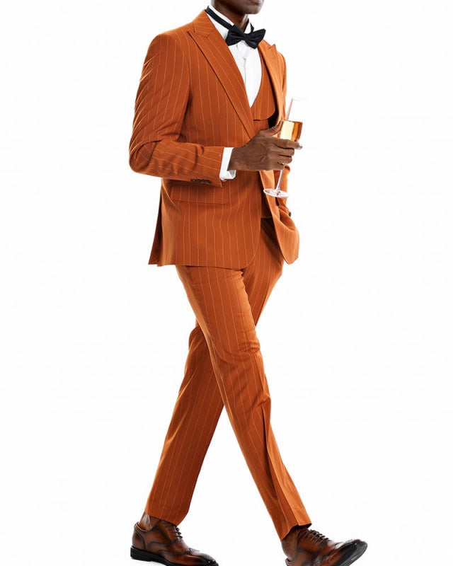 Icholas Orange Peaked Lapel Striped Three Pieces Wedding Men Suits