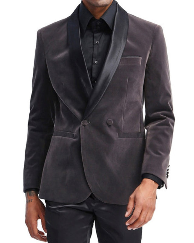 Alger Dark Gray Shawl Lapel Double Breasted Velvet Wedding Men Suits