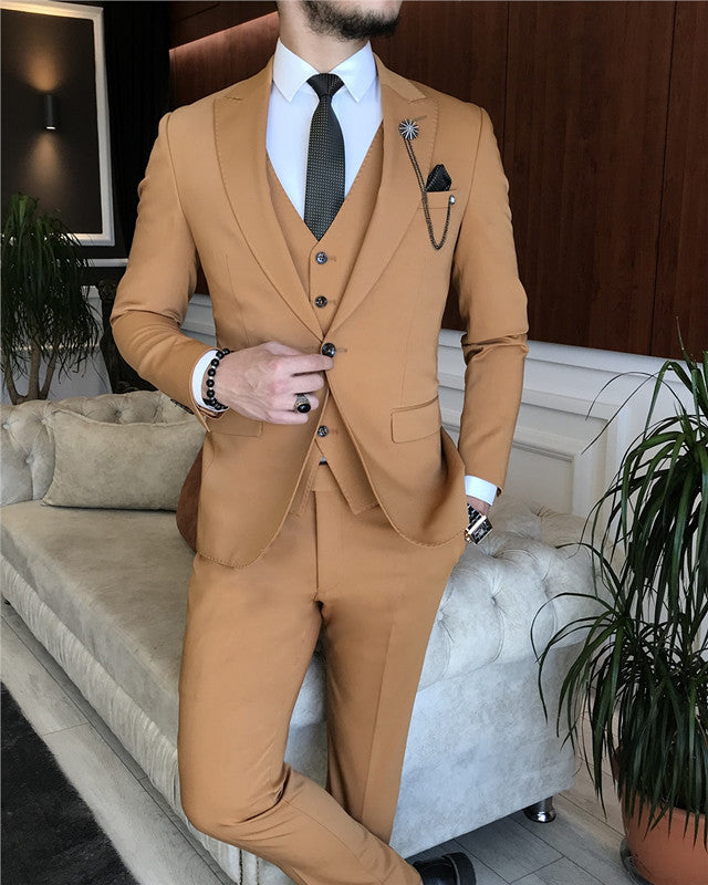 Stylish Camel Three Pieces Peaked Lapel Prom Men Suit