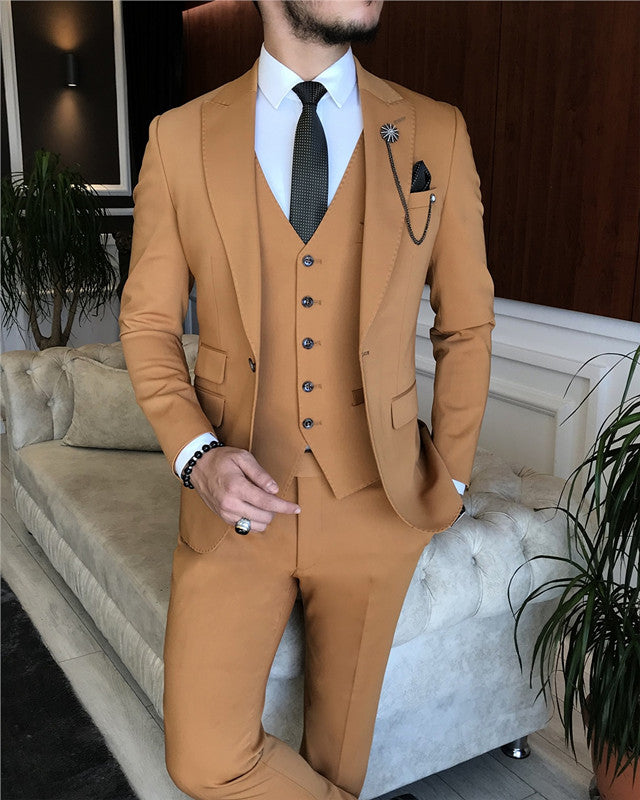 Stylish Camel Three Pieces Peaked Lapel Prom Men Suit