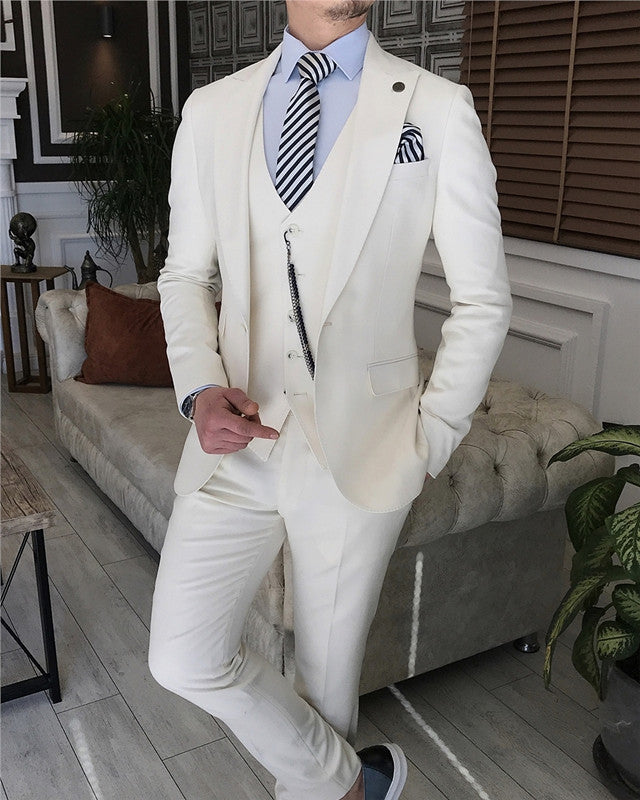 White Bespoke Three Pieces Peaked Lapel Prom Men Suit