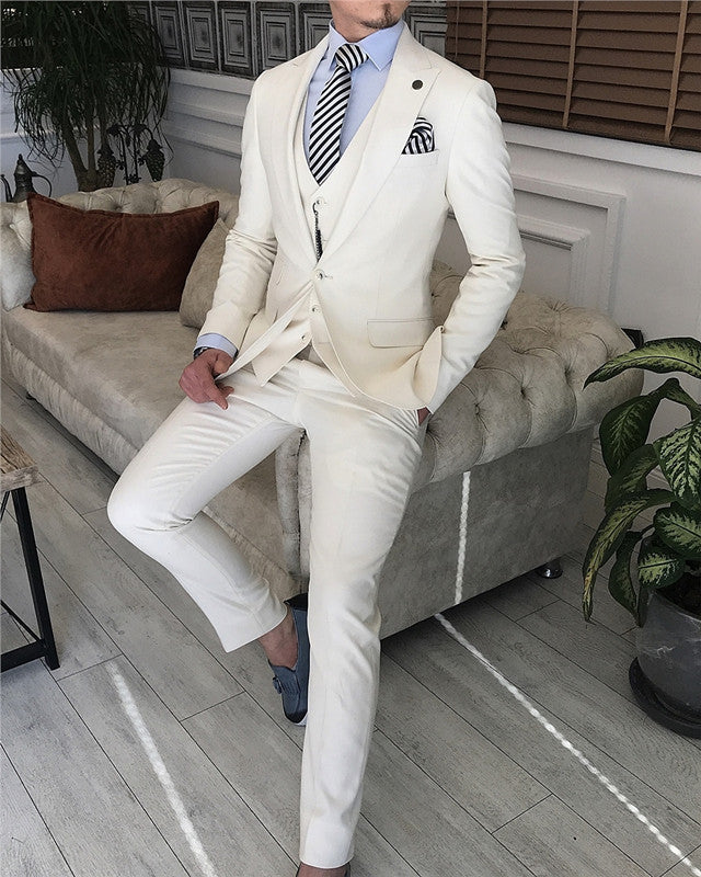 White Bespoke Three Pieces Peaked Lapel Prom Men Suit