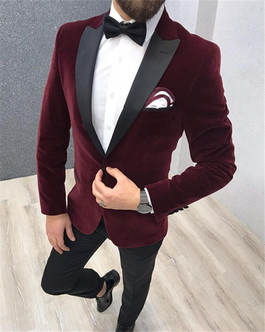 Modern Burgundy Velvet Peaked Lapel Fashion Men Suits