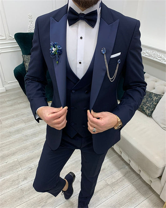 Alexander Navy Blue Peaked Lapel Slim Fit Men Suits for Prom