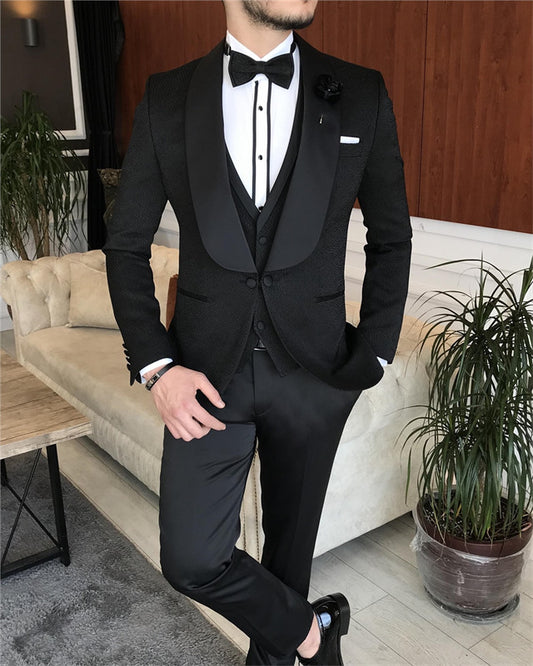 Chic Velvet Black Three Pieces Slim Fit Wedding Men Suit