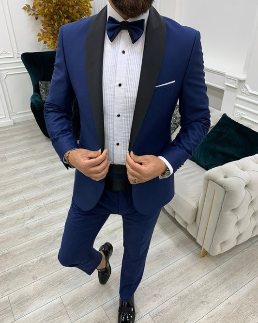 New Arrival Blue Best fitting Two Pieces Shawl Peaked Prom Men Suits