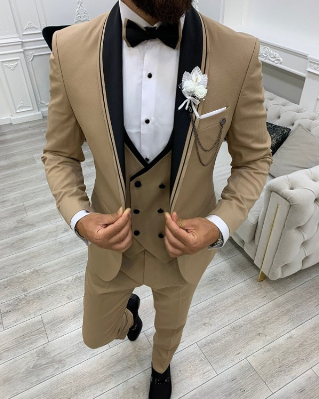 Newest Khaki Slim Fit Three Pieces Shawl Lapel Prom men Suits