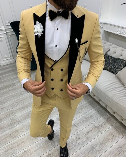 Abel Fashion Khaki Close Fitting Three Pieces Peaked Lapel Prom Men Suits