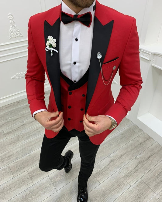 Modern Red Best Fitting three Pieces Peaked Lapel Prom Men Suits