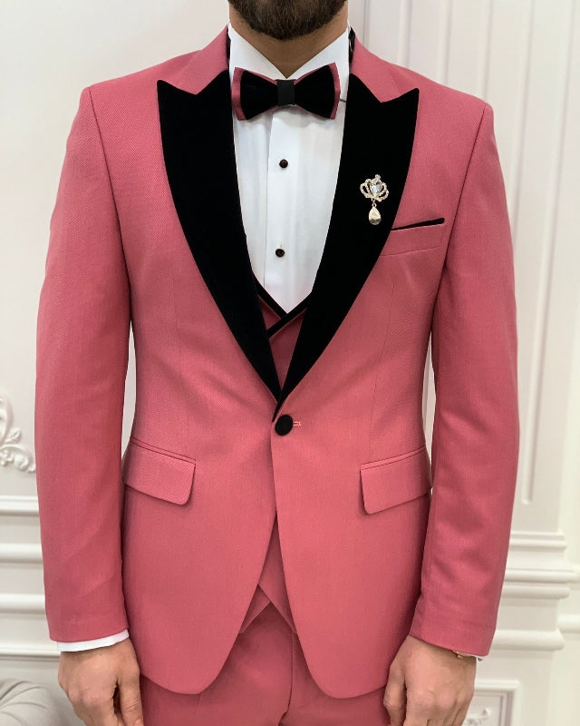 Newest Candy Pink Best Fitted Three Pieces Peaked Lapel Prom Men Suit