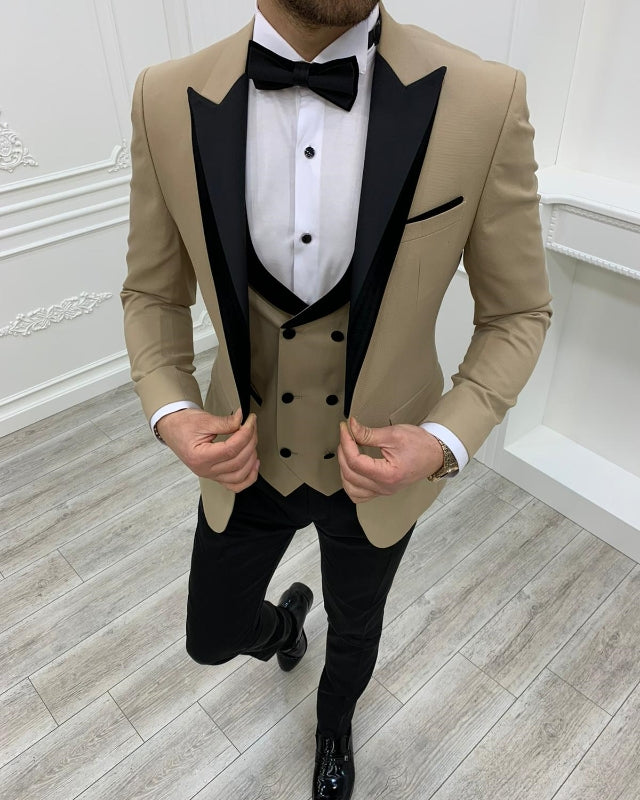 Newest Khaki Slim Fit Three Pieces Peaked Lapel Prom Men Suits