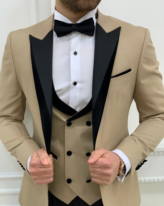 Newest Khaki Slim Fit Three Pieces Peaked Lapel Prom Men Suits