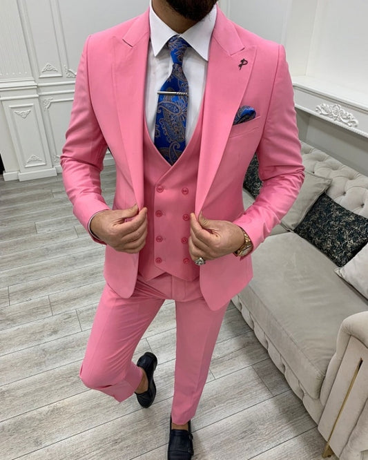 Modern Pink Close Fitting Three Pieces Peaked Lapel Prom Men Suits