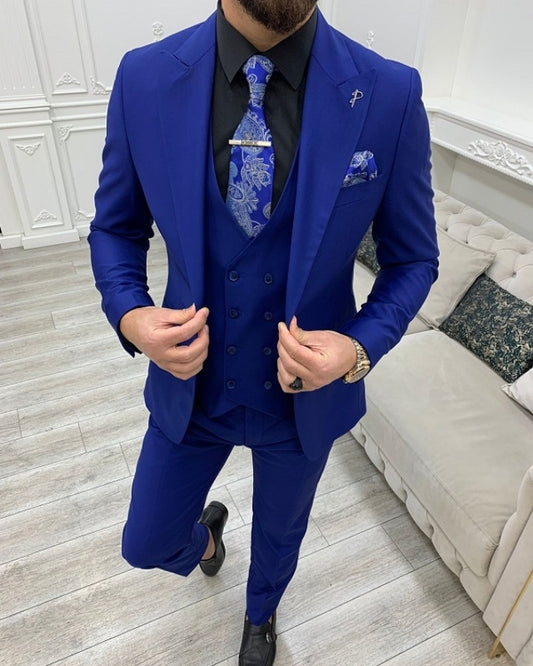 Abner Fashion Blue Close Fitting Three Pieces Peaked Lapel Prom Men Suits