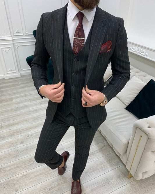 Abner Newest Black Striped Slim Fit three Pieces Peaked Lapel Business Men Suits