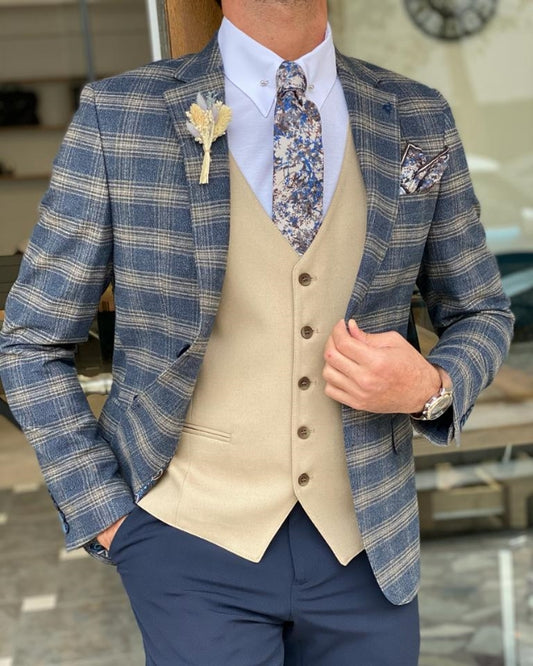 Stylish Blue Plaid Best Fitting three Pieces Notch Lapel Prom Men Suits