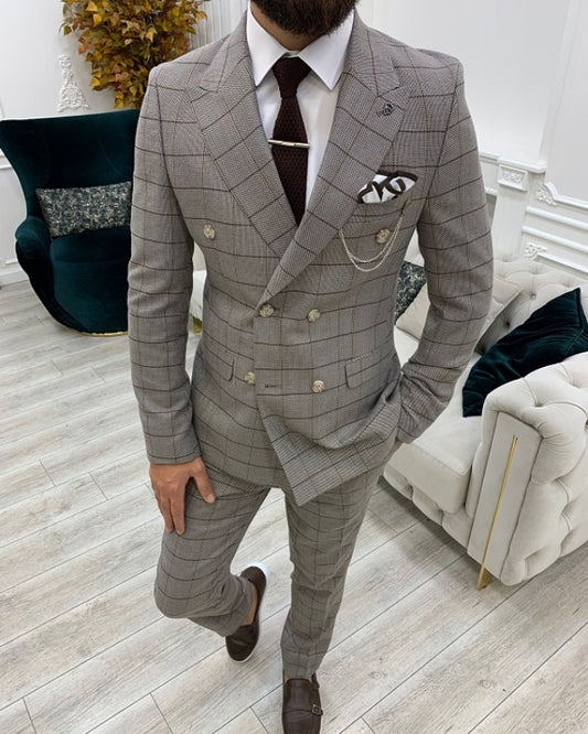 Newest Gray Plaid Double Breasted Slim Fit Peaked Lapel Prom Men Suits