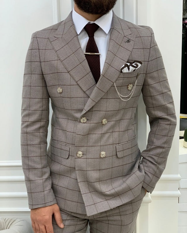 Newest Gray Plaid Double Breasted Slim Fit Peaked Lapel Prom Men Suits