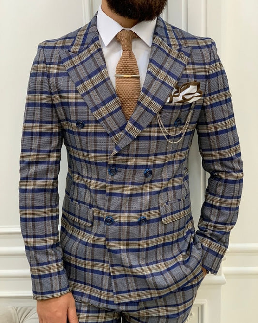 Adrian Cool Blue Plaid Double Breasted Slim Fit Peaked Lapel Prom Men Suits