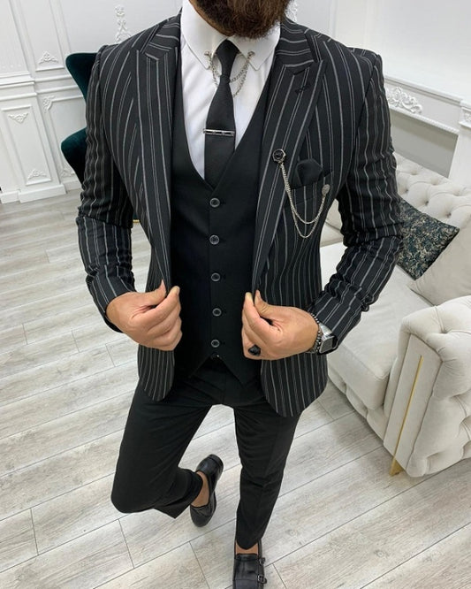 Newest Black Striped Best Fitting Three Pieces Peaked Lapel Business Men Suits