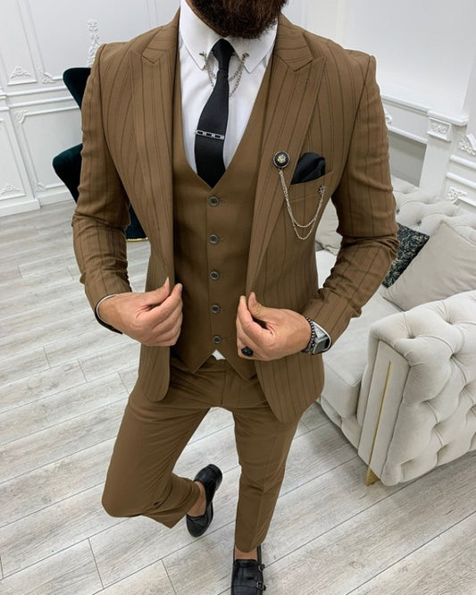 Newest Brown Striped Slim Fit Three Pieces Peaked Lapel Men Suits