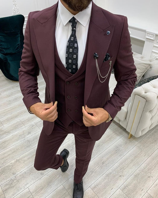 New Arrival Burgundy Slim Fit Three Pieces Peaked Lapel Prom Men Suits