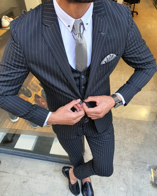 Handsome Dark Gray Striped Three Pieces Notch Lapel Business Men Suits