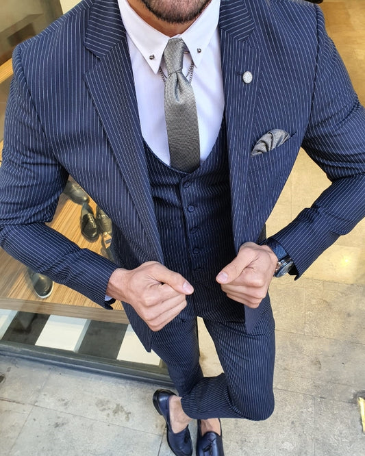 Handsome Dark Blue Striped Best Fitting Three Pieces Notch Lapel Business Men Suits