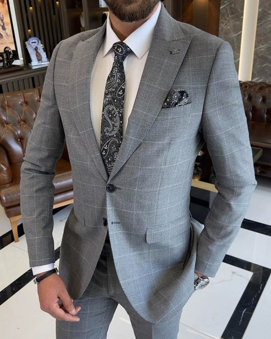 Blair Fancy Gray Peaked Lapel Plaid Business Suits