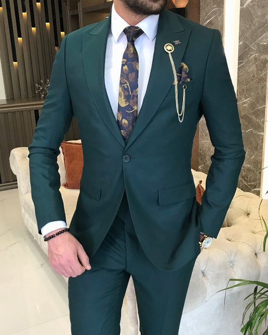 Newest Dark Green Slim Fit Three Pieces Peaked Lapel Prom Men Suits