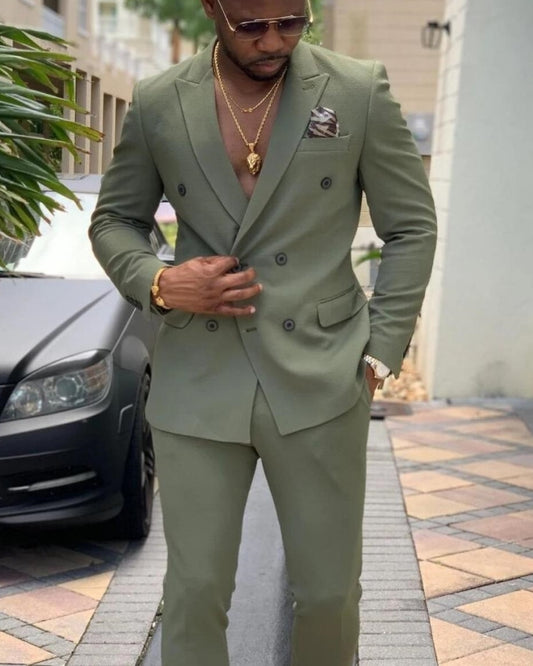 Newest Olive Green Double Breasted Peaked Lapel Slim Fit Prom Men Suits